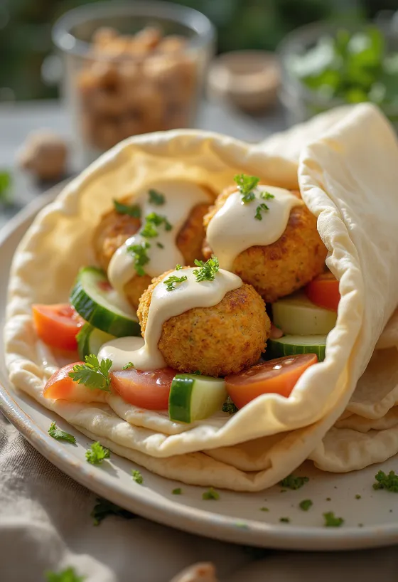 Falafel în pită cu legume proaspete și sos tahini