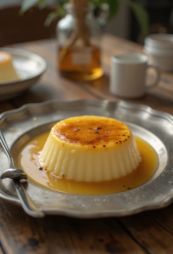 Flan cu lapte, servit în sos de caramel
