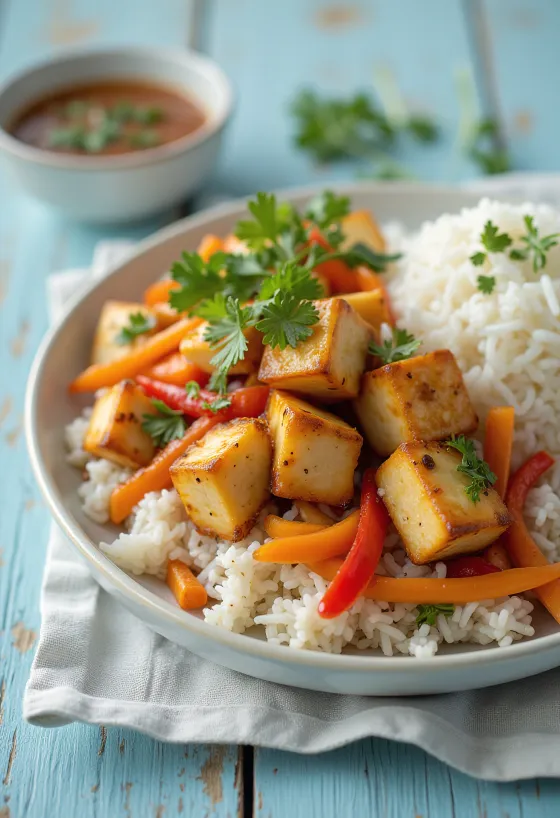Tofu picant cu legume și orez servit