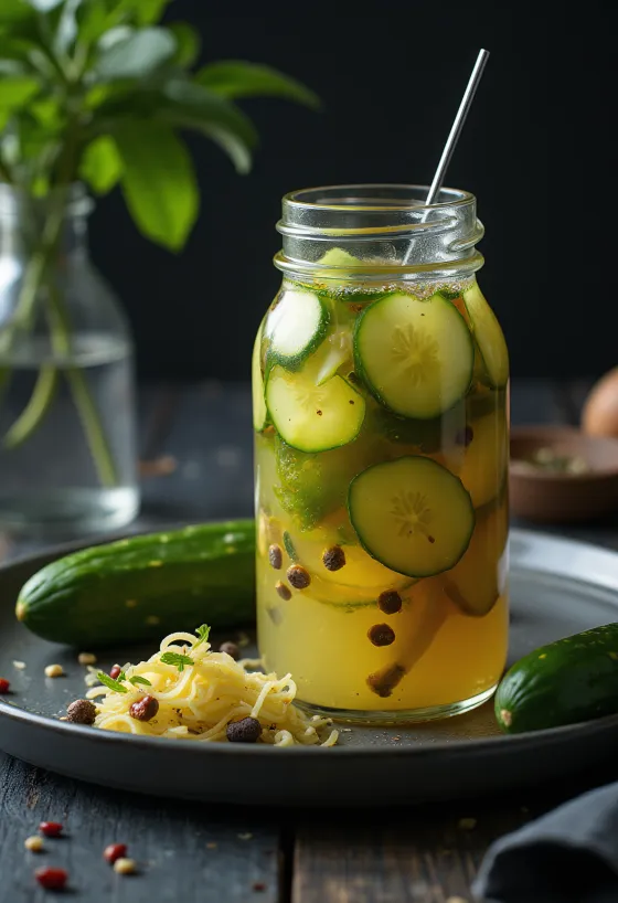 Zeamă de castraveți picantă murată servită în borcan