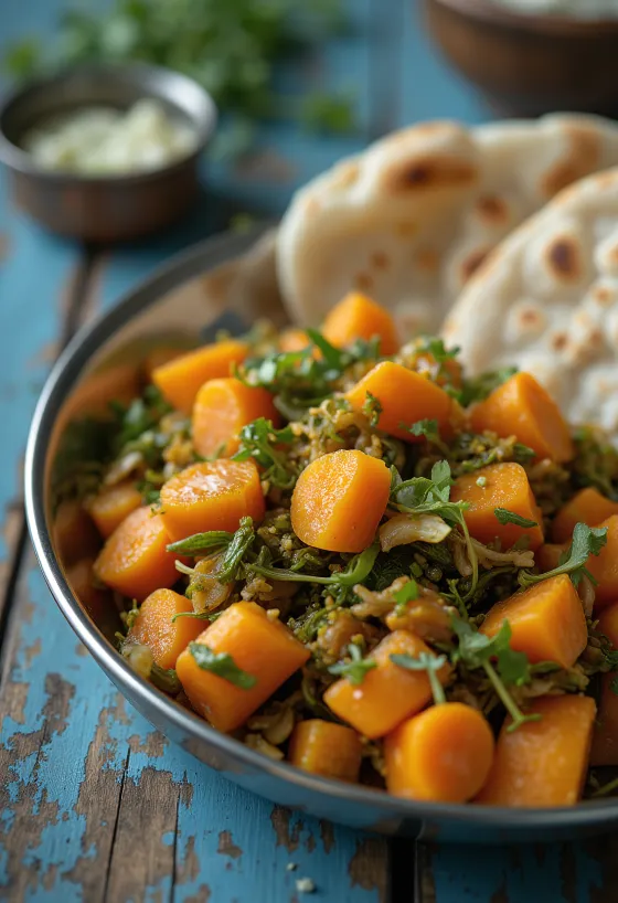 Gajar Methi Sabzi în bol, ornat cu coriandru proaspăt