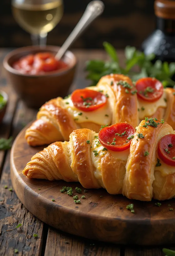 Croissant cu pizza servit pe un suport de lemn