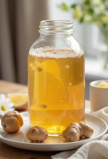 Sticle cu kombucha de casă și felii de ghimbir în lichid