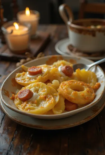 Cartofi gratinați stratificați cu cârnați și ouă, cu smântână deasupra.