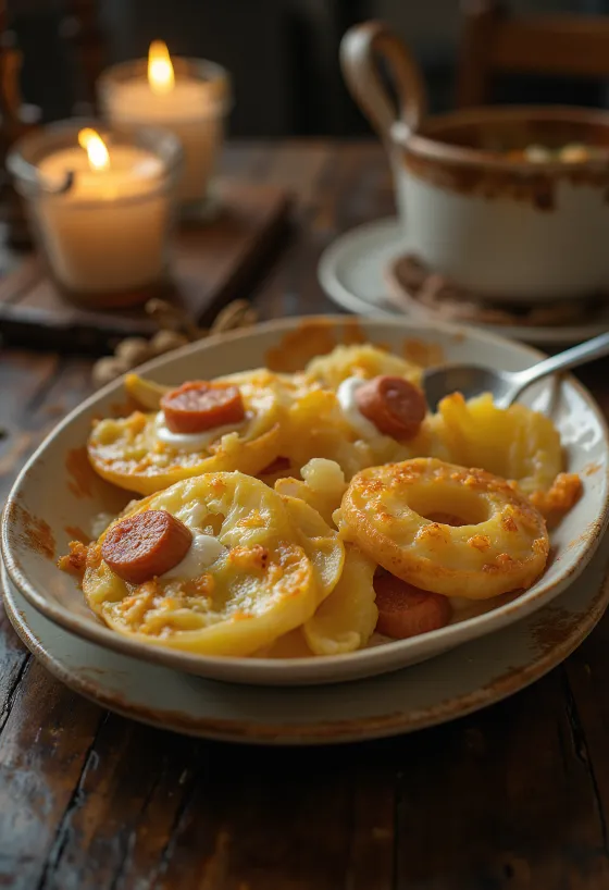 Cartofi gratinați stratificați cu cârnați și ouă, cu smântână deasupra.