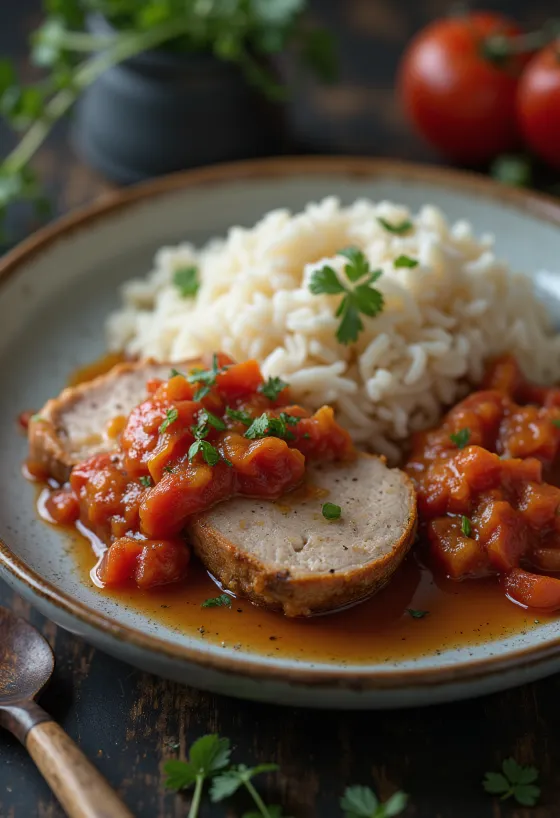 Ceafă de porc cu ghiveci și orez fiert servită