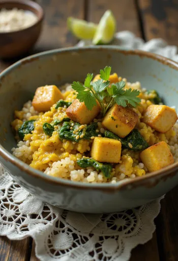 Curry de quinoa cu spanac și tofu