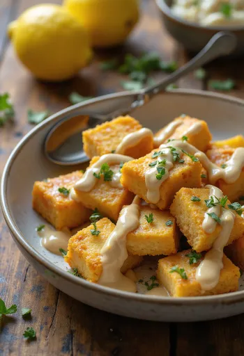 Tofu copt cu dressing de tahini și lămâie servit cu pătrunjel proaspăt și semințe de susan