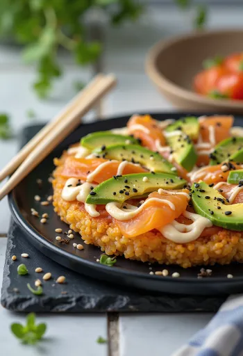 Sushi pizza cu bază de orez japonez, somon și avocado