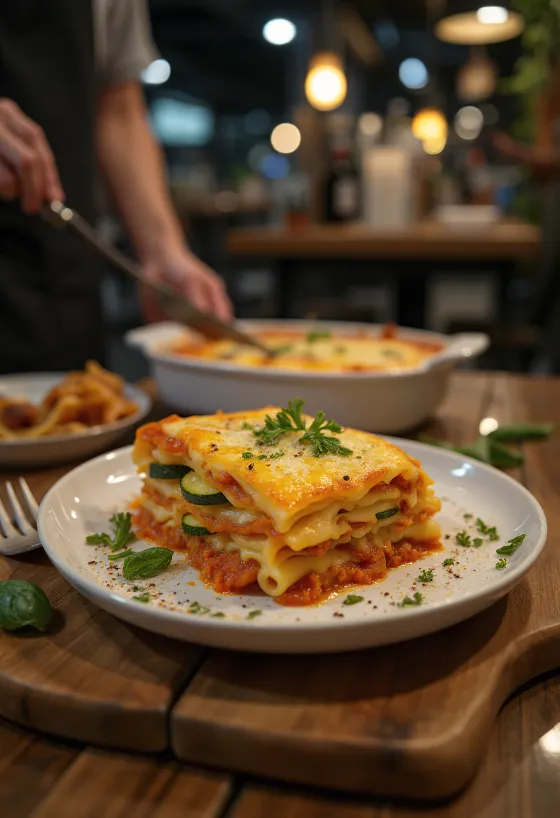 Lasagne cu legume și brânză vegană servită