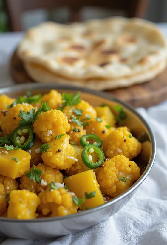 Aloo gobi cu ardei iute, servit cu coriandru proaspăt