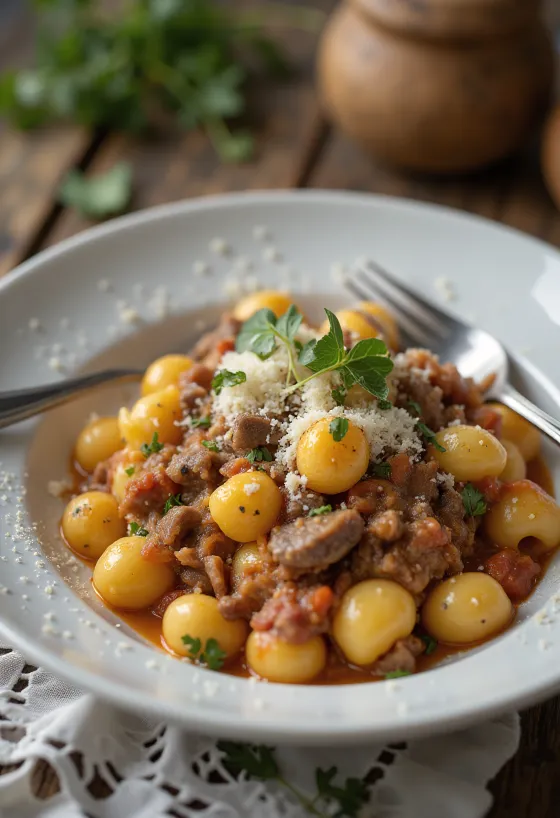 Farfurie cu gnocchi și sos de vită