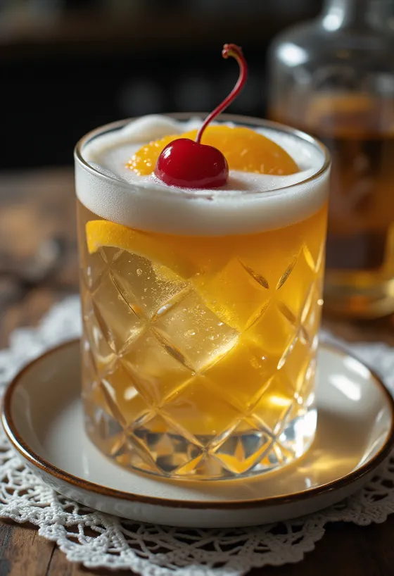 Cocktail Whisky Sour decorat cu o felie de portocală și cireașă de cocktail