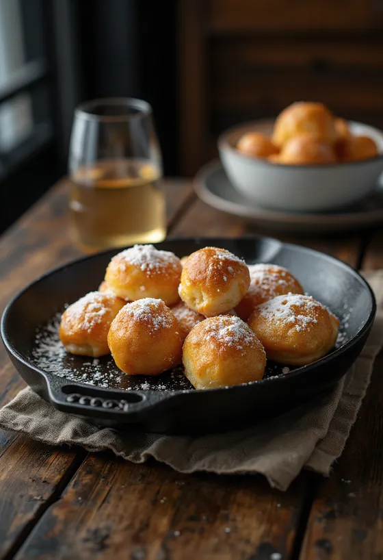 Gogoși sferice daneze Æbleskiver presărate cu zahăr pudră