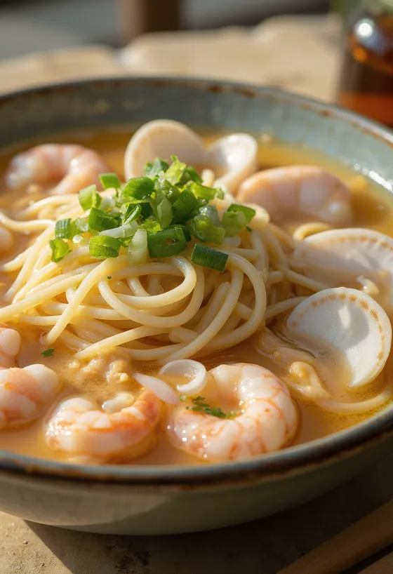 Bajirak Kalguksu servit, bogat în fructe de mare și carne de pui
