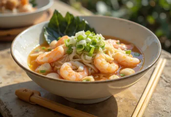 Bajirak Kalguksu servit, bogat în fructe de mare și carne de pui