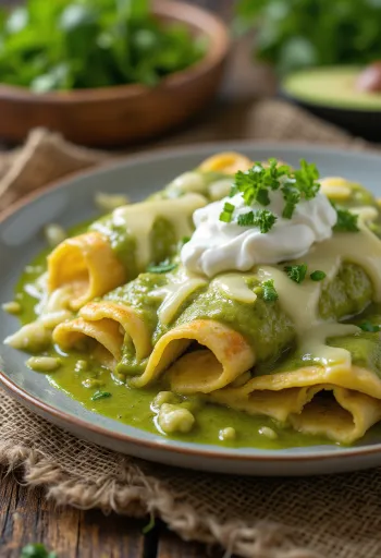Enchilada verde servit cu sos și brânză