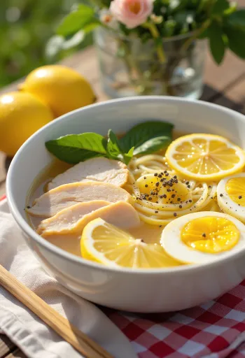 Lemon Ramen servit cu felii de lămâie și pui