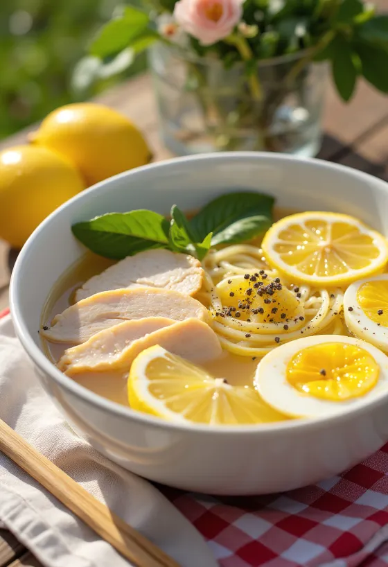 Lemon Ramen servit cu felii de lămâie și pui
