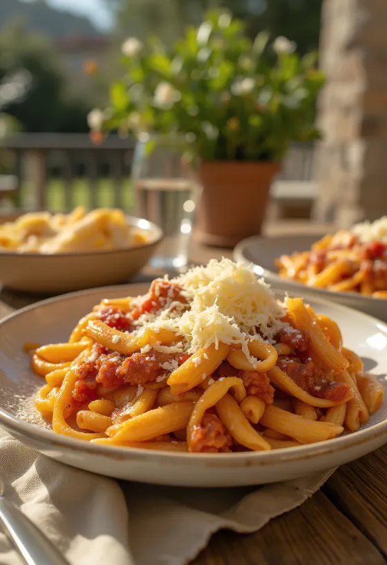 Paste cu vinete servite cu sos de roșii suculent și busuioc proaspăt