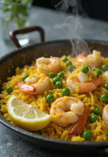 Paella spaniolă cu fructe de mare proaspete, legume și șofran