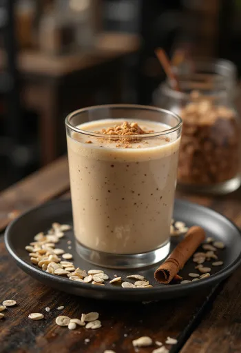 Smoothie cu ovăz în pahar înalt, decorat cu fulgi de ovăz și scorțișoară