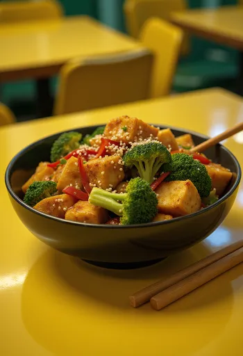 Wok de tofu cu legume și coriandru proaspăt servit