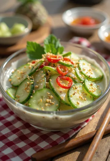 Salată de castraveți japoneză Amazuzuke, cu semințe de susan și ardei chili