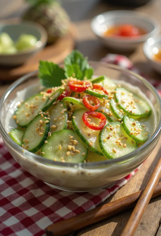 Salată de castraveți japoneză Amazuzuke, cu semințe de susan și ardei chili