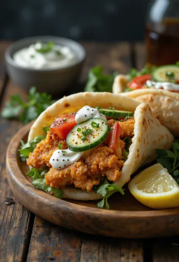Gyros de pui servit cu legume proaspete, sos tzatziki și pâine pita
