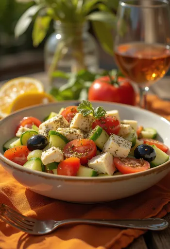 Salată grecească cu cuburi de tofu prăjit