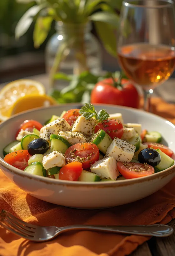 Salată grecească cu cuburi de tofu prăjit