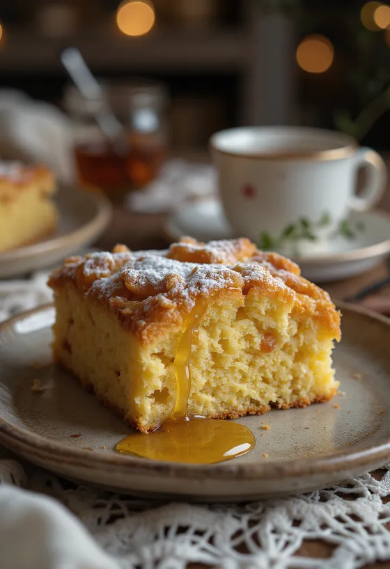 Prăjitură cu ghimbir cu textură aurie, fragedă, presărată cu zahăr pudră