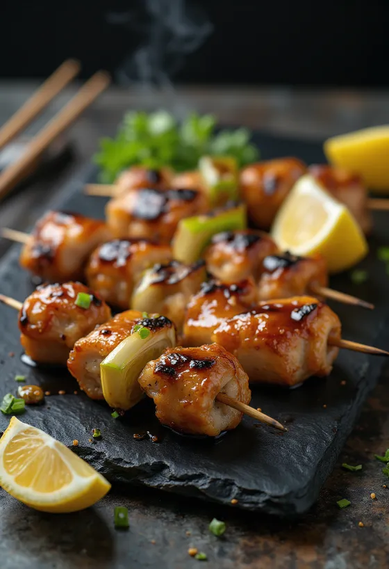 Yakitori clasic, pui la grătar pe bețe, servit cu semințe de susan și ceapă verde proaspătă