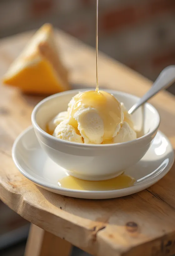 Înghețată cremoasă de lapte cu miere servită