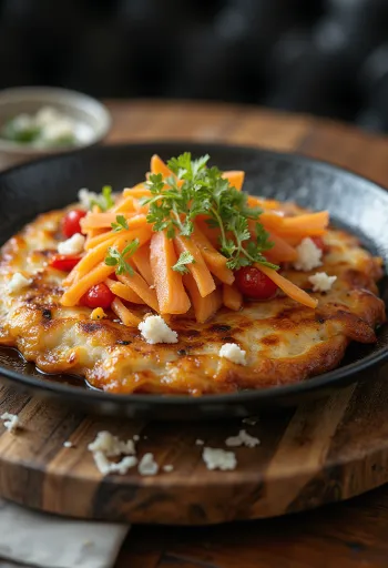 Okonomiyaki cu legume servit, cu sos okonomiyaki și fulgi bonito