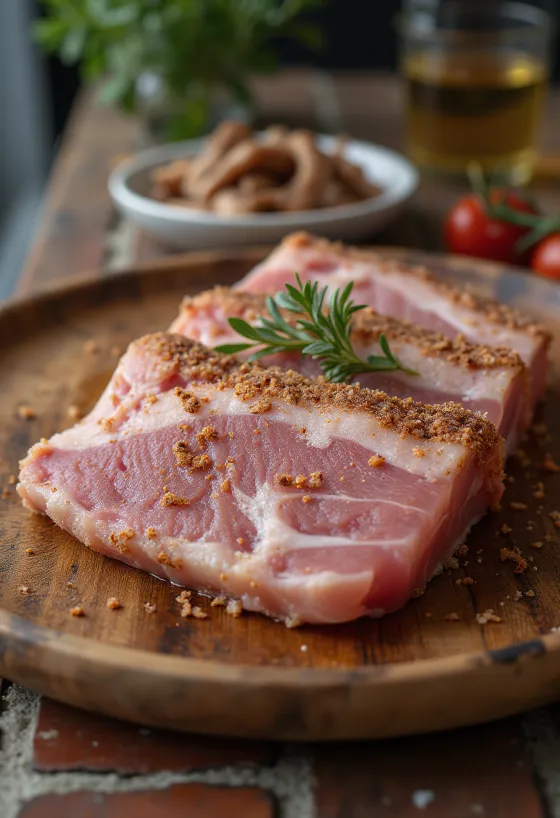 Fleică de porc maturată în sare servită pe un tocător de lemn