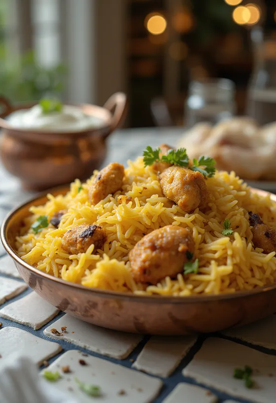 Yakhni Pulao, pui condimentat și orez servit