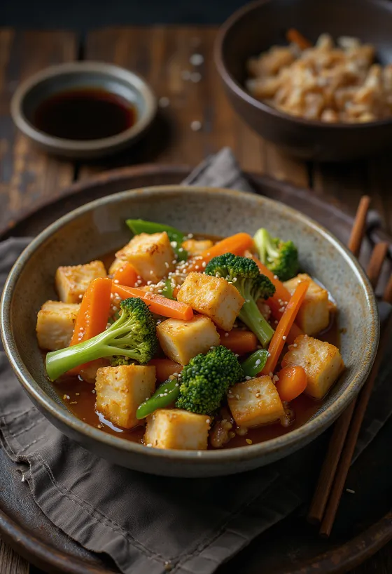 Wok de legume cu tofu servit