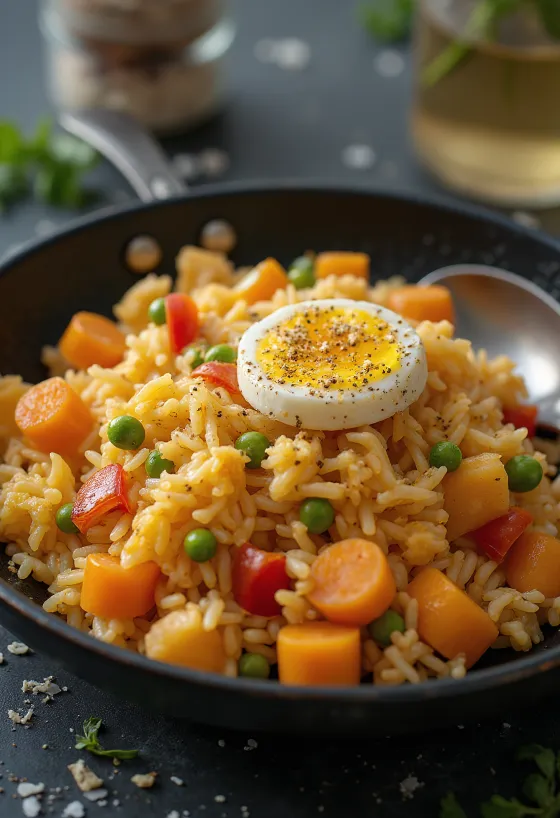 Arroz Chaufa servit cu legume, felii de ou și legume prăjite