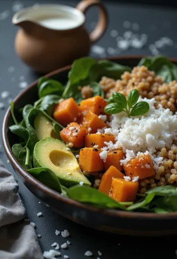 Buddha Bowl cu cartof dulce și cocos servit