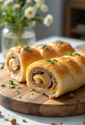 Ruladă cu carne coaptă auriu, servită cu legume proaspete și sos