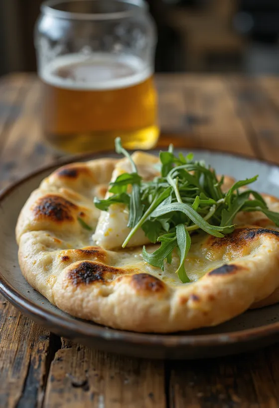 Pâine naan cu brânză de capră și rucola servită