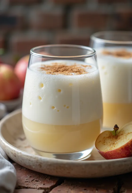 Kefir probiotic cu brânză de vaci și suc de mere servit proaspăt