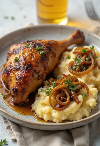 Rață la cuptor cu piure de cartofi cu ceapă servită