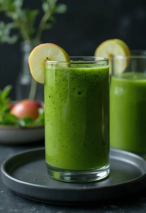 Smoothie verde în pahar înalt, decorat cu legume proaspete și fructe