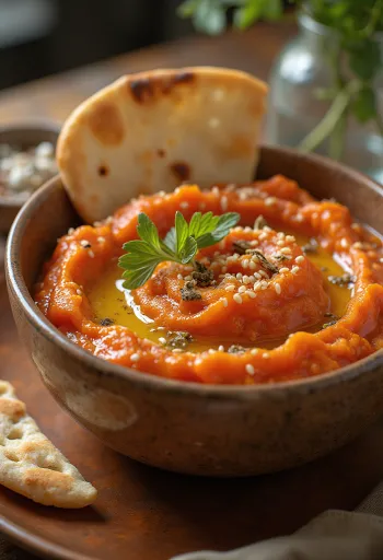 Ajvar cu semințe de susan, sos picant și cremos de ardei