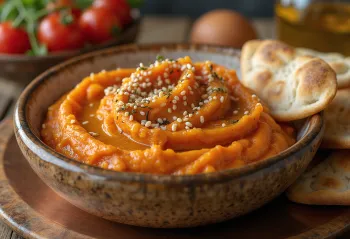 Ajvar cu semințe de susan, sos picant și cremos de ardei