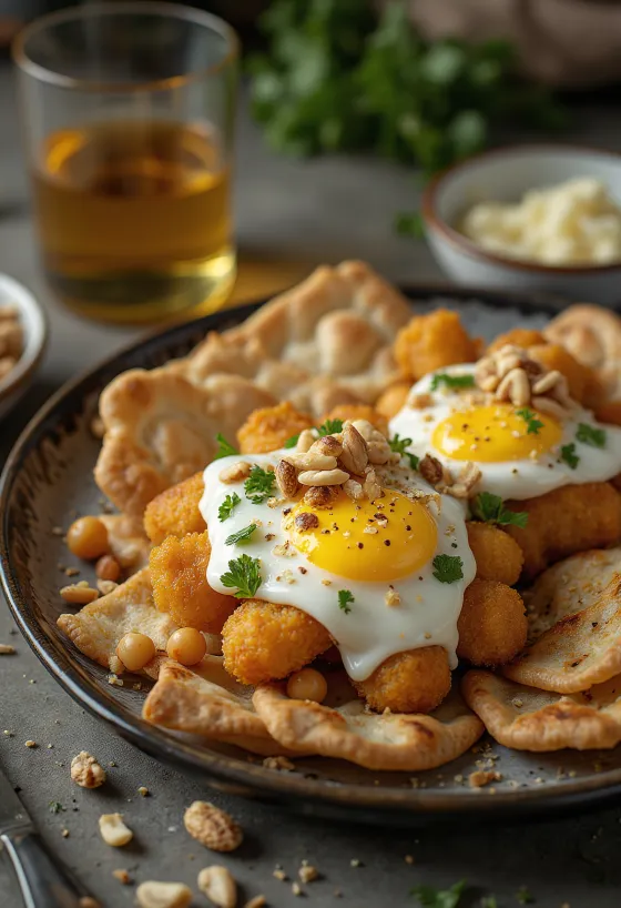 Fatteh cu vinete, bucăți de pită prăjită, năut, iaurt cu tahini și semințe de pin prăjite.