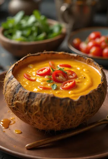 Sos picant de chili cu lapte de cocos într-un bol, cu coriandru proaspăt și felii de chili
